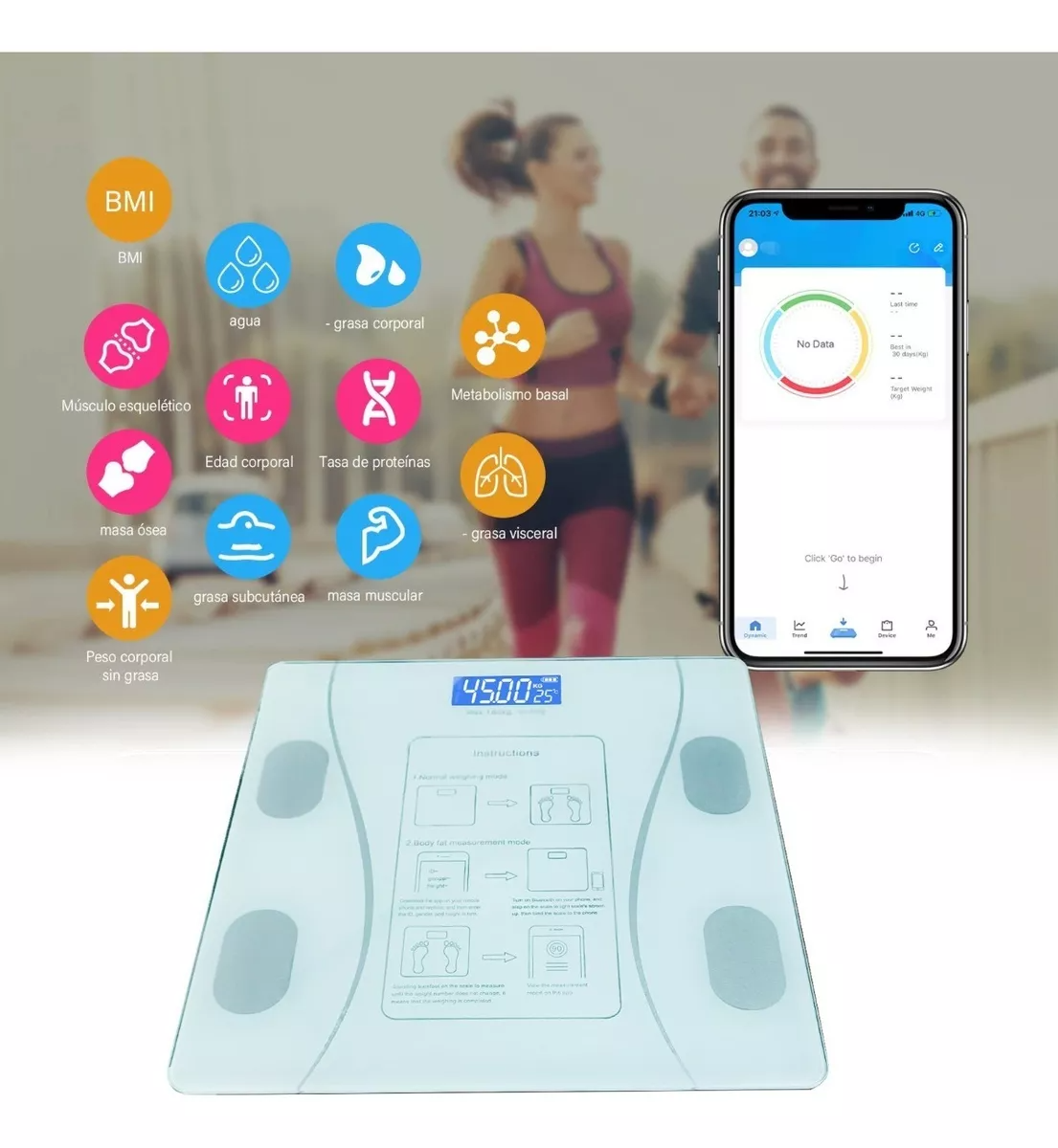 Báscula De Baño Escala De Grasa Corporal Inteligente peso, IMC, grasa corporal, agua , grasa visceral, edad corporal, masa muscular, masa ósea, proteínas, masa corporal magra, niveles de obesidad, metabolismo basal.