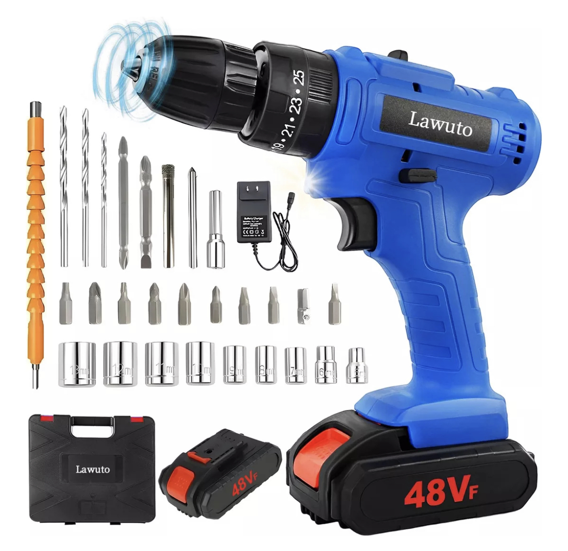 Taladro Electrico Atornillador Inalámbrico Impacto Kit Con Batería De Litio De 48v Lawuto Color Azul