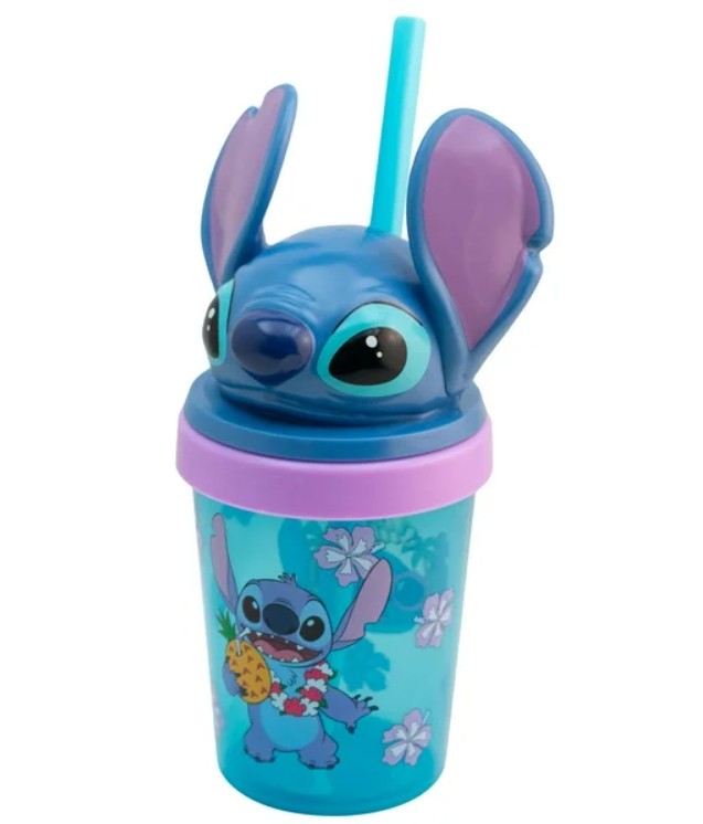  Stitch  Vaso De Plástico con Tapa Figura 3D Y Popote, Diseño Disney Clásicos, Colección Personajes Animados, Capacidad 384ml, Color Azul