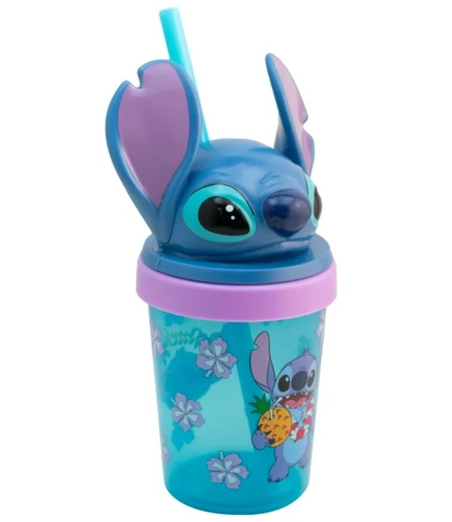  Stitch  Vaso De Plástico con Tapa Figura 3D Y Popote, Diseño Disney Clásicos, Colección Personajes Animados, Capacidad 384ml, Color Azul