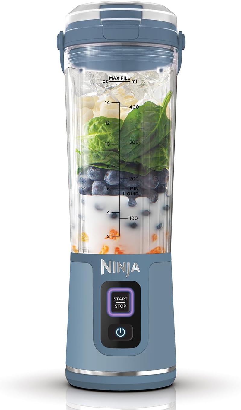 Ninja Blast Licuadora Portatil Recargable para Smoothies,Batidos,Ninja frappe de cable desmontable USB tipo C, vaso licuadora de 532ml(18 oz) Azul (Reacondicionado) 