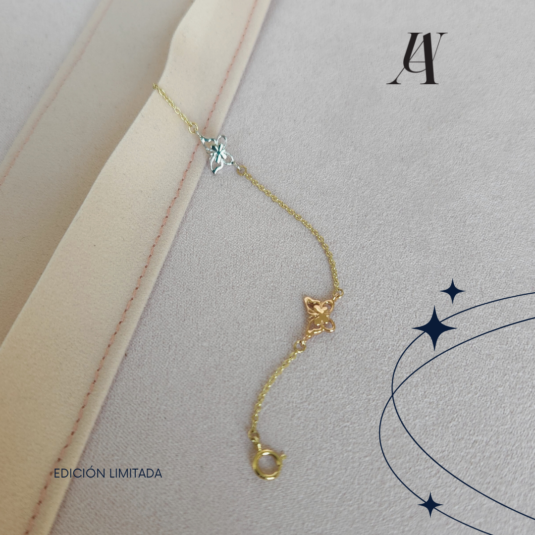 Pulsera Oro Fino 14 kilates Mariposas 3 Tonos