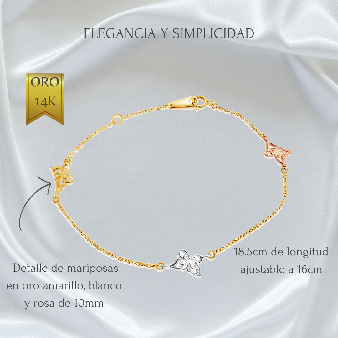 Pulsera Oro Fino 14 kilates Mariposas 3 Tonos