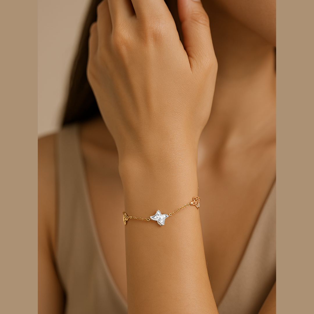 Pulsera Oro Fino 14 kilates Mariposas 3 Tonos
