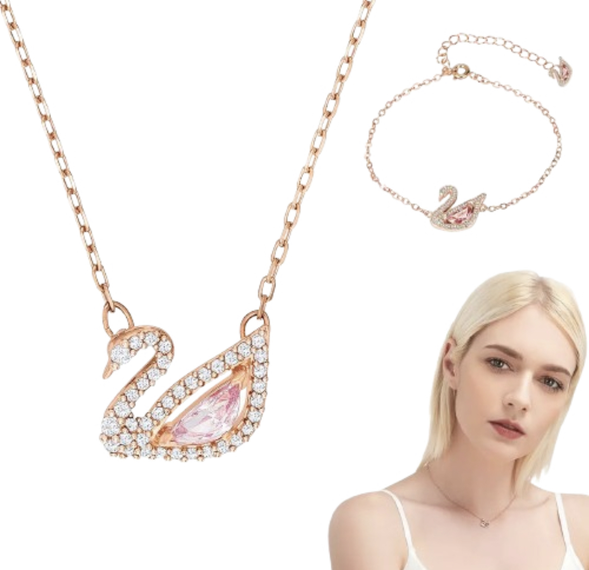Collar De Cisne Pequeño De Oro Rosa De Plata De Ley S925