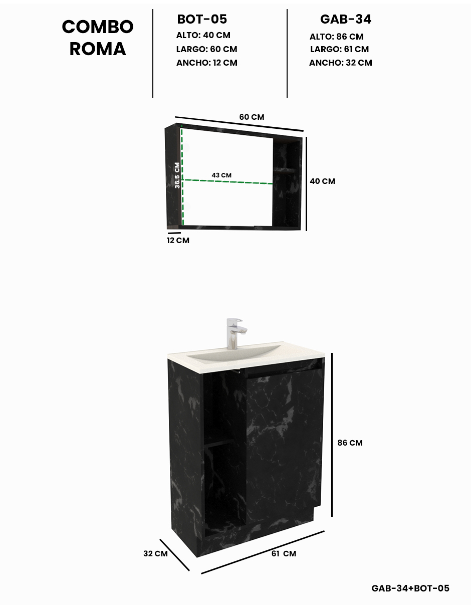 Combo Gabinete Para Baño ROMA Y Botiquín Con Espejo.