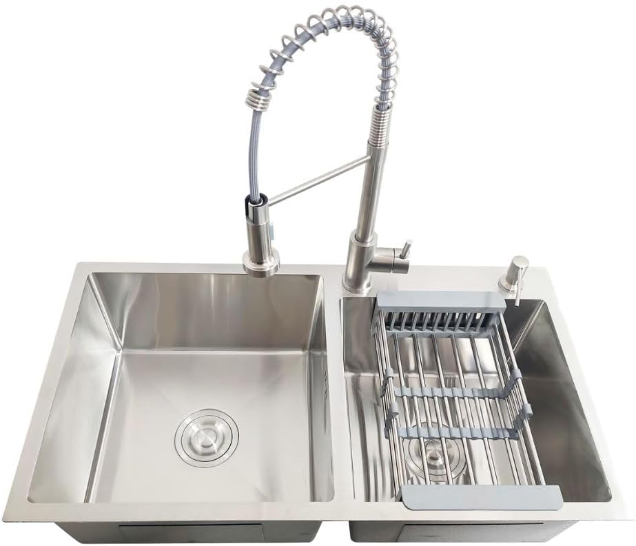  CNX Set de Tarja Doble de Empotrar con Mezcladora Monomando, Acero Inoxidable Satinado de 84x48x22 cm