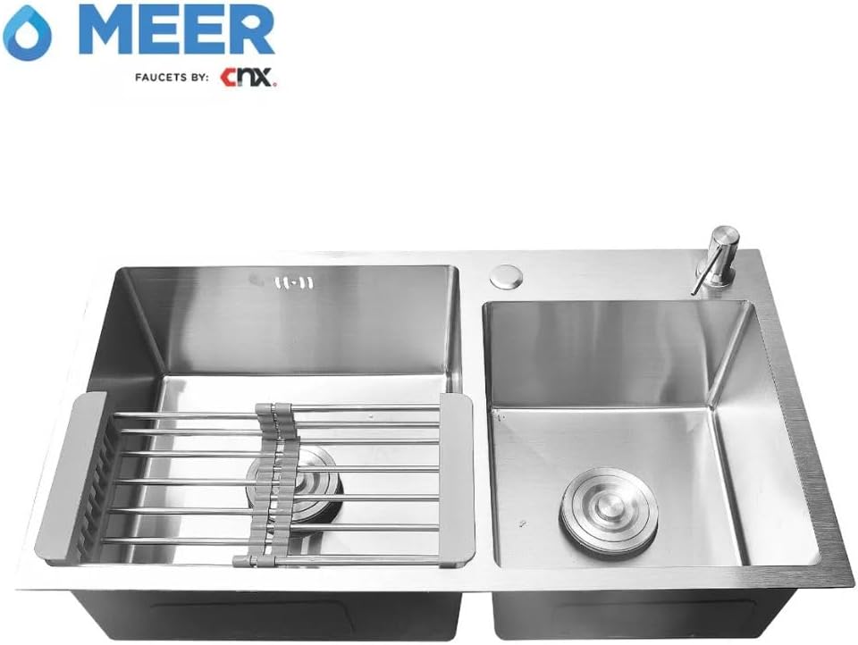  CNX Set de Tarja Doble de Empotrar con Mezcladora Monomando, Acero Inoxidable Satinado de 84x48x22 cm