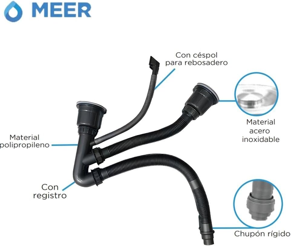 CNX Contra Canasta con Salida Doble, Céspol Flexible y Rebosadero, Acabado Negro, Para Tubería de 2”