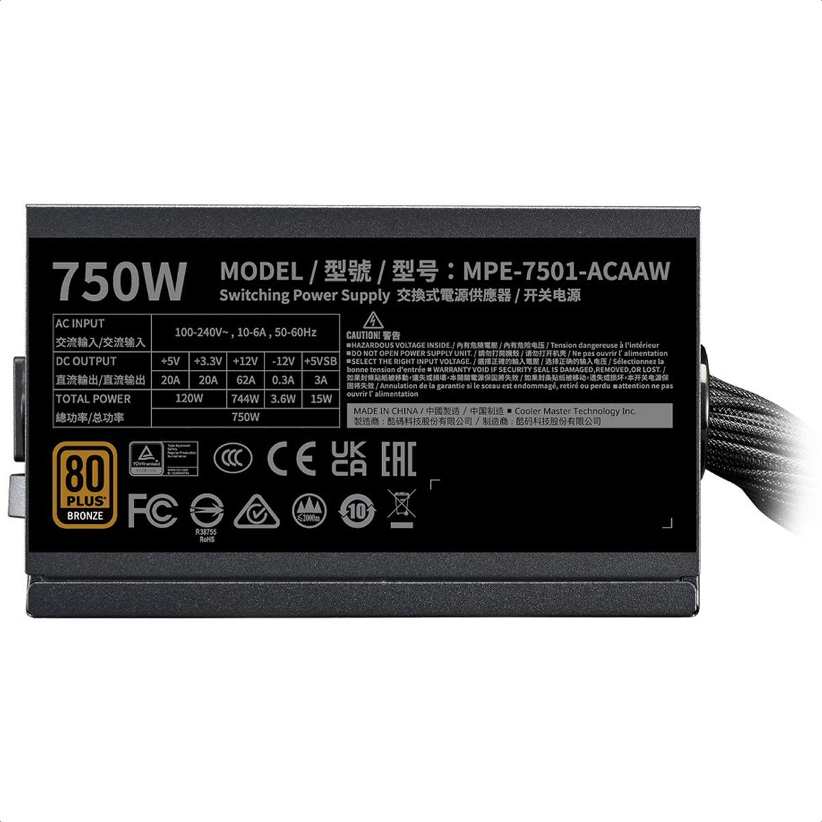 Fuente De Poder Cooler Master MWE Bronze 750 V3 750W 80 Plus MPE-7501-ACAAW-3BUS