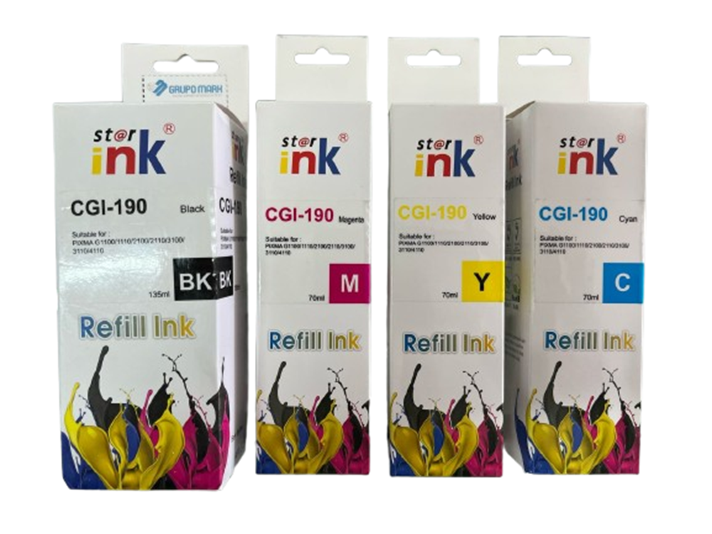 Kit de 4 Tintas Genericas para Canon GI-190 Calidad Premium BK-C-Y-M