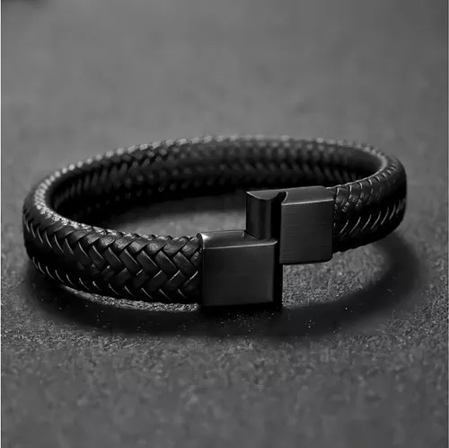 Pulsera Cuero Trenzado Cierre Magnetico Iman Hombre Mujer Color Trenzada-Negra Largo 20 cm