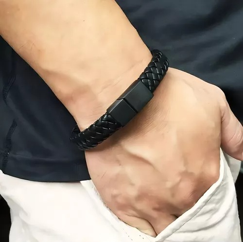 Pulsera Cuero Trenzado Cierre Magnetico Iman Hombre Mujer Color Trenzada-Negra Largo 20 cm