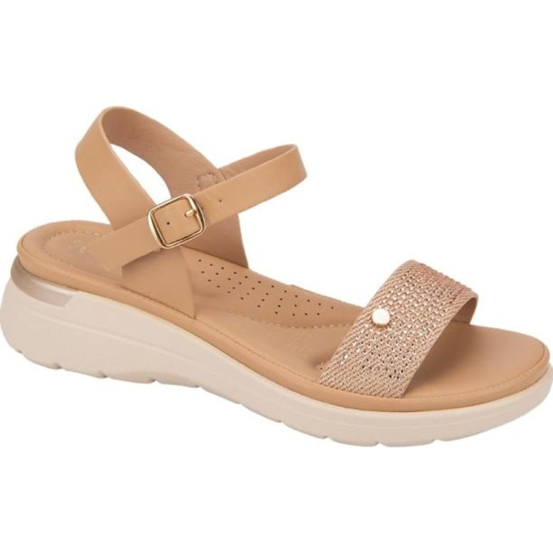Sandalia para mujer, casual, con detalles de pedrería al frente, corte pulsera, marca Shosh y color camel, mod. 1188543