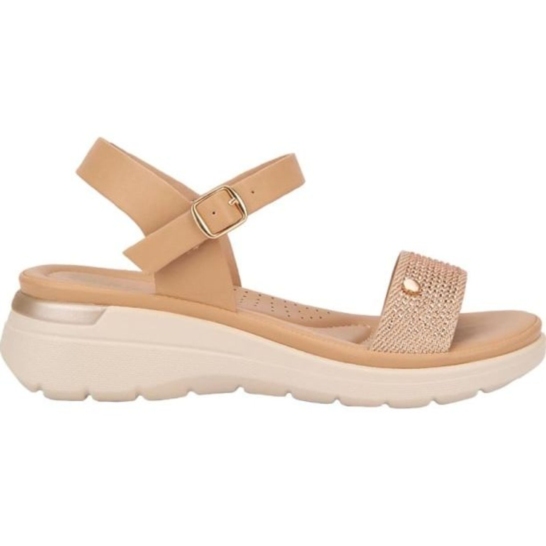 Sandalia para mujer, casual, con detalles de pedrería al frente, corte pulsera, marca Shosh y color camel, mod. 1188543