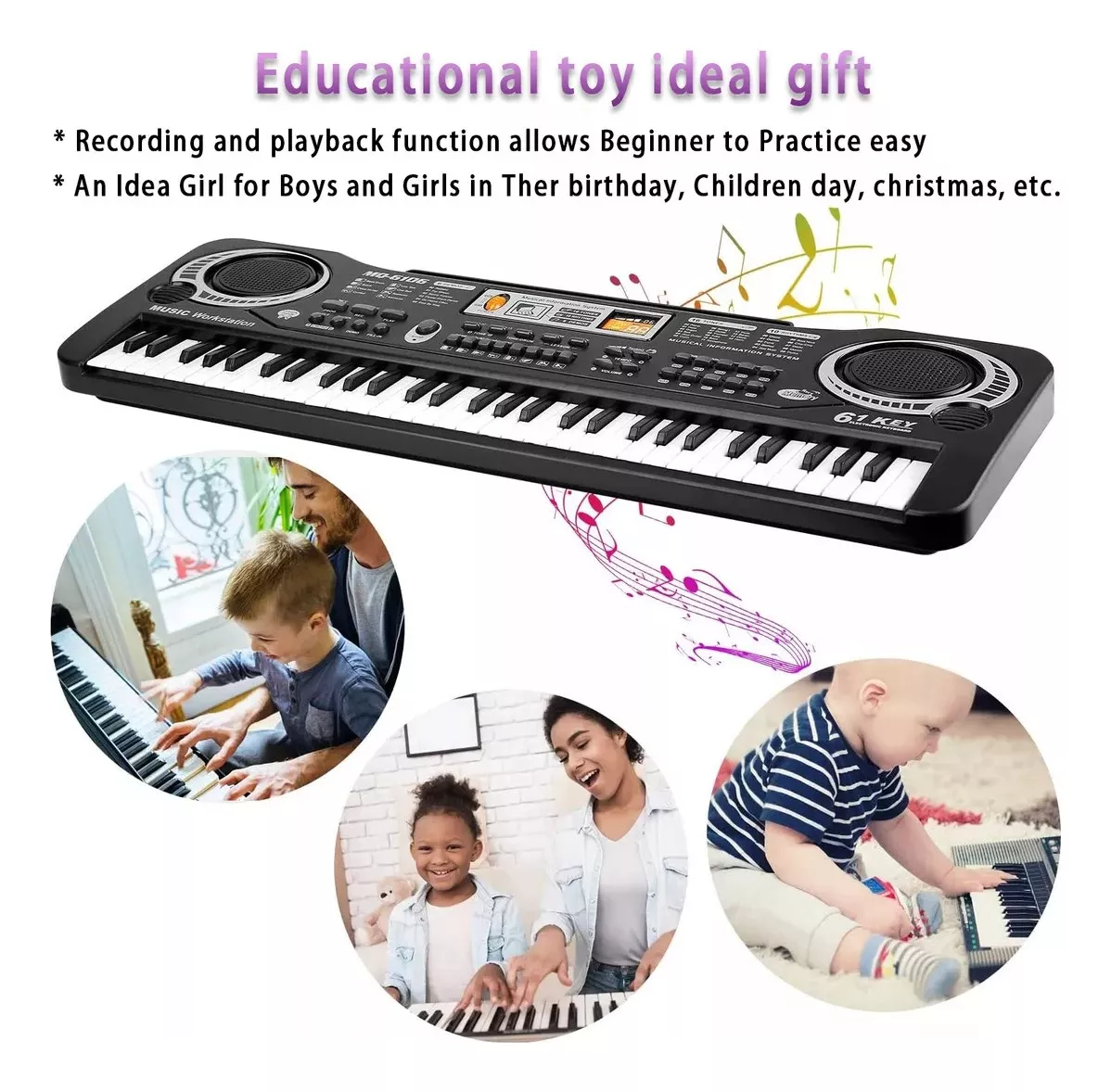 61 Teclado Piano Digital 61 Teclados Piano Para Niños Con Micrófono,teclados Musicales Para Niñas Niños,color negro