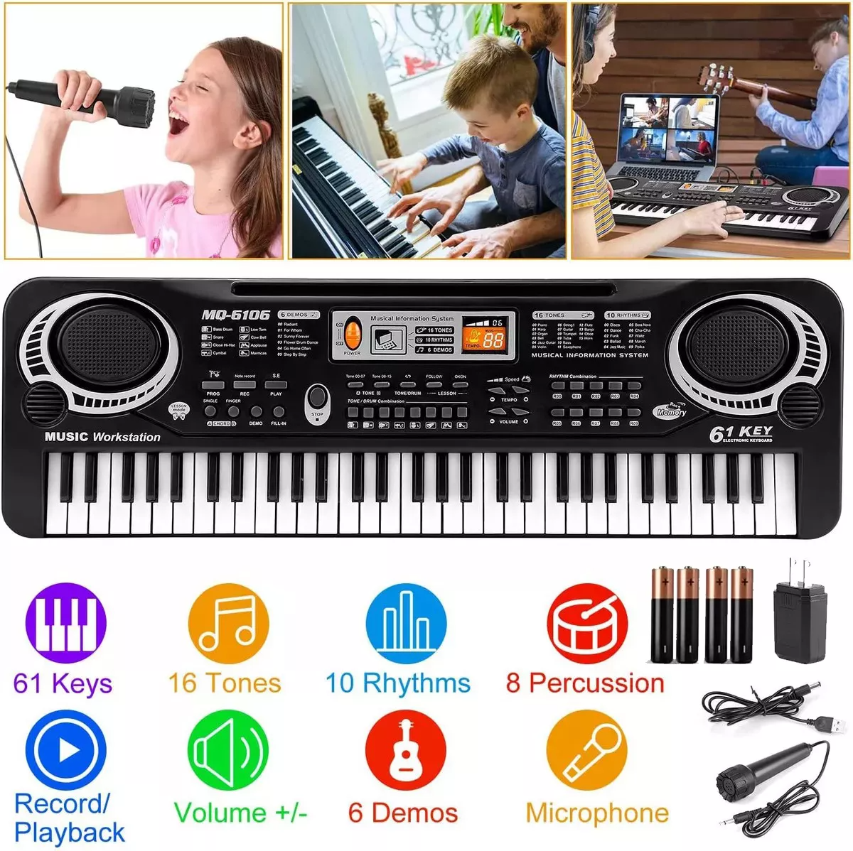 61 Teclado Piano Digital 61 Teclados Piano Para Niños Con Micrófono,teclados Musicales Para Niñas Niños,color negro