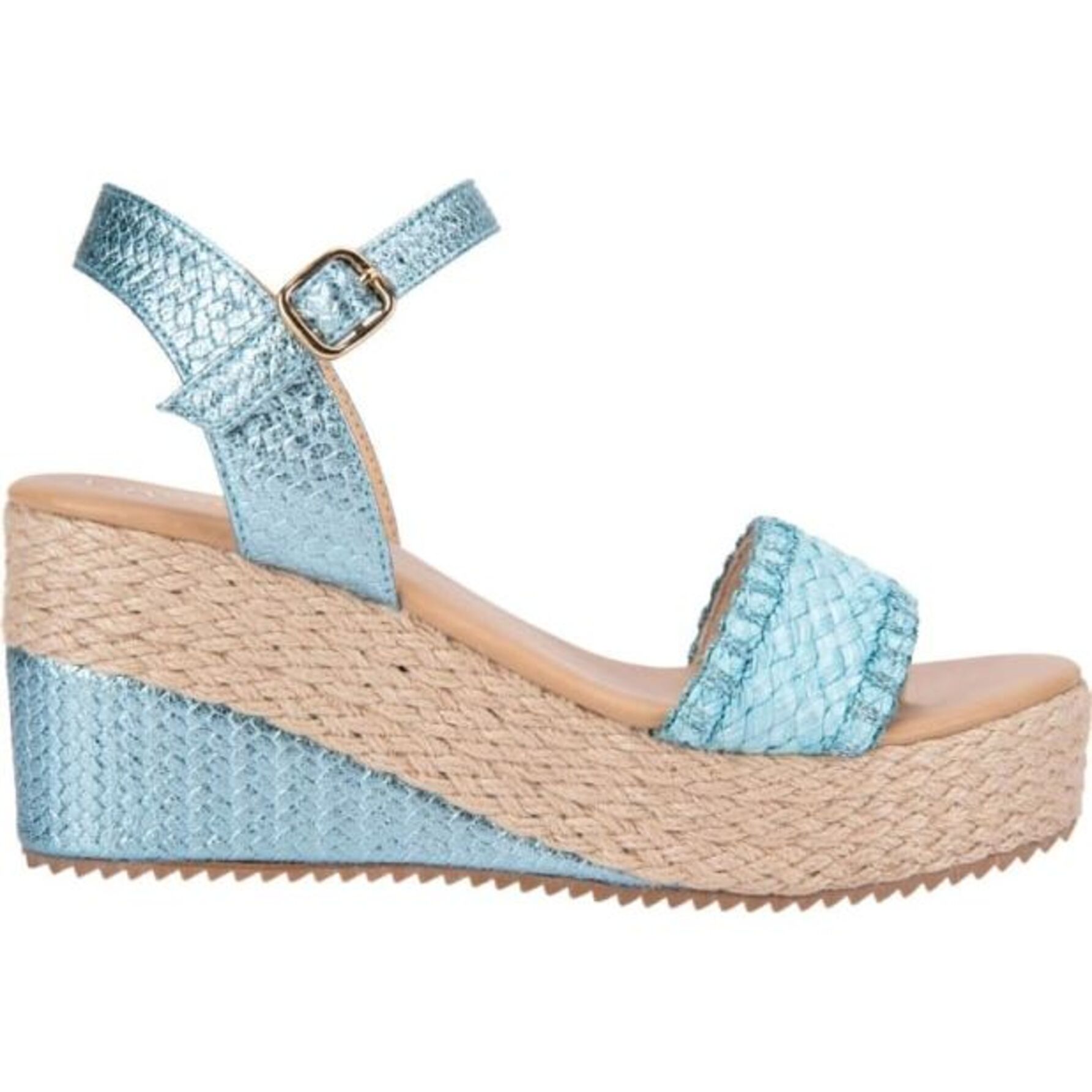 Sandalia para mujer, con plataforma, con acabado tejido de rafia, tacón medio, marca Vi Line, color azul, mod. 1188541