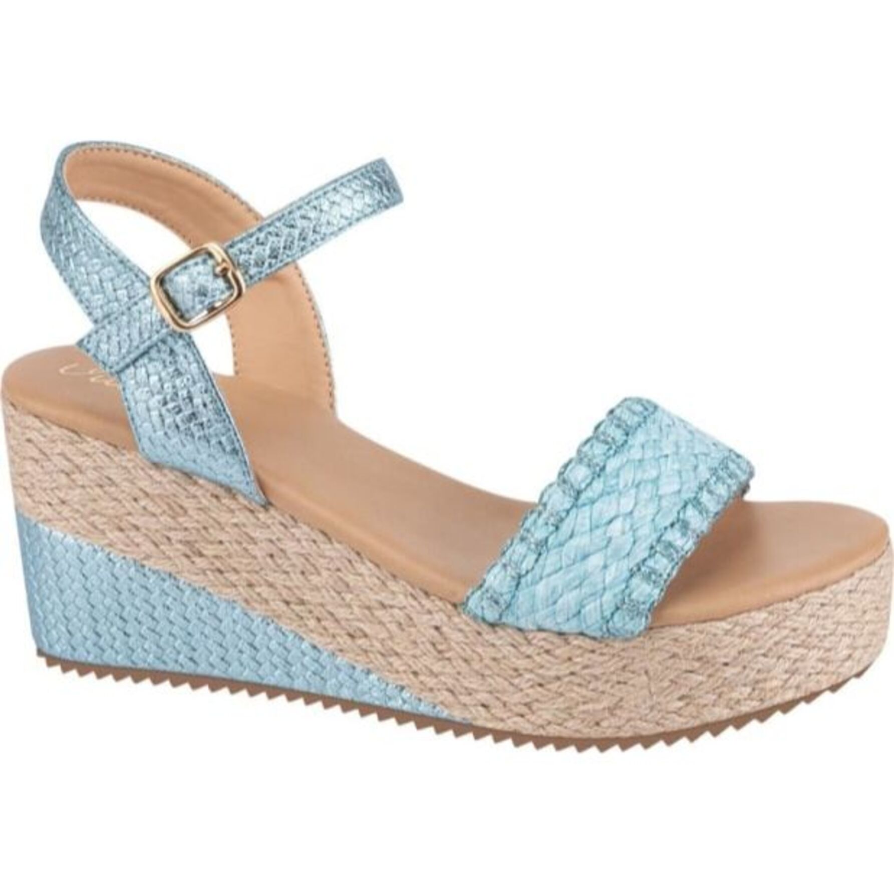 Sandalia para mujer, con plataforma, con acabado tejido de rafia, tacón medio, marca Vi Line, color azul, mod. 1188541