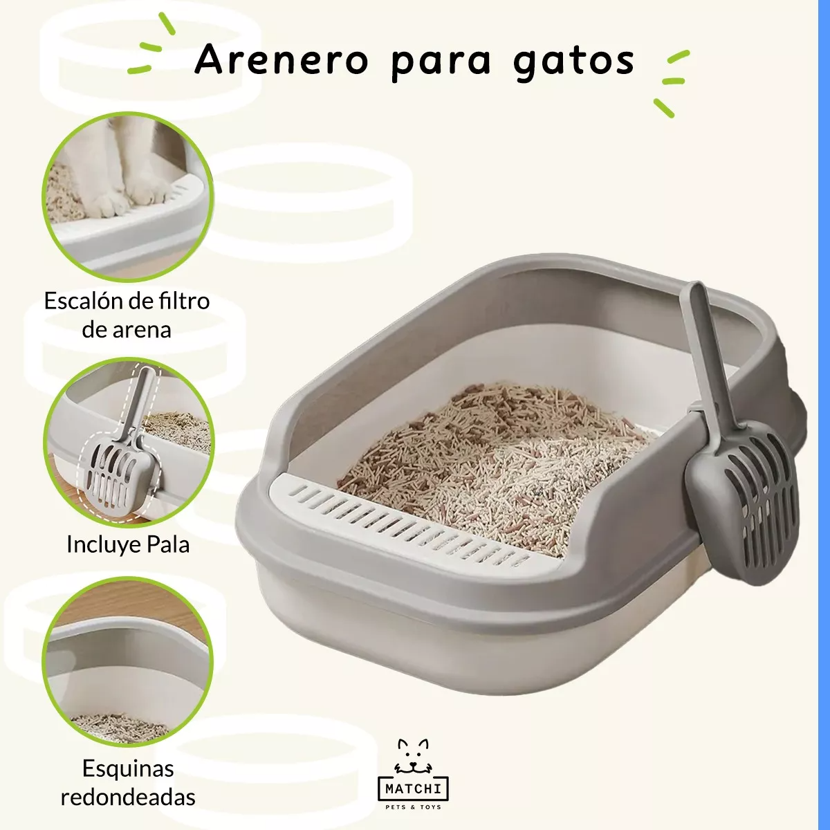 Arenero Grande Para Gato Con Extensión Y Pala 52x36x16cm Color Gris