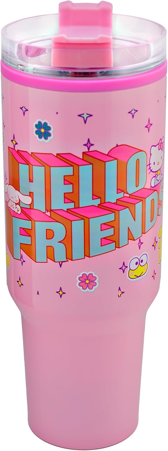 Hello Kitty Termo Grande Acero Inoxidable, Vaso Térmico con Tapa y Popote Plástico para Bebidas Frías y Calientes Hello Kitty & Friends Sanrio, 1.2 Litros