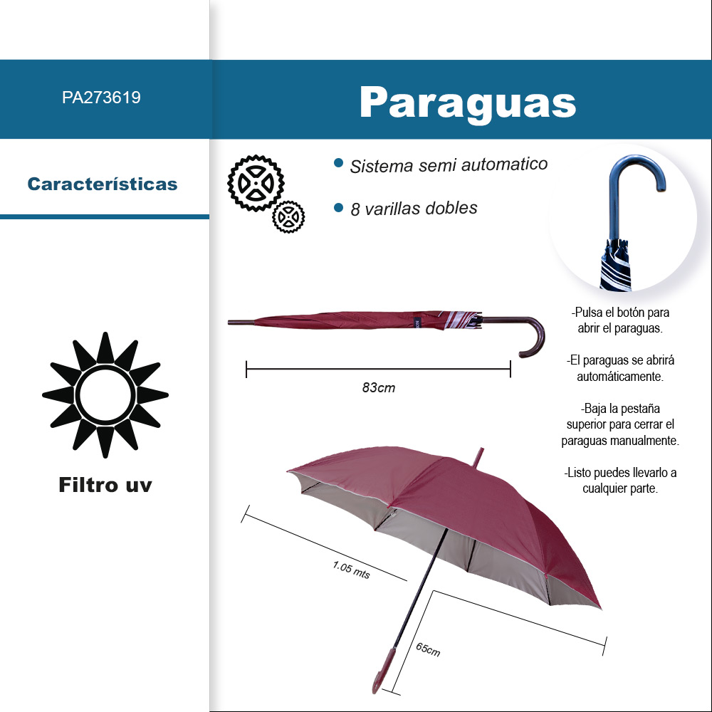 Paraguas XL Unisex  Resistente a Vientos y Lluvias  con 8 varillas.