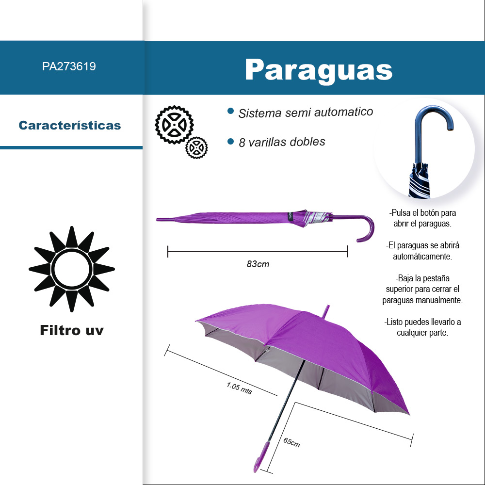 Paraguas XL Unisex  Resistente a Vientos y Lluvias  con 8 varillas.