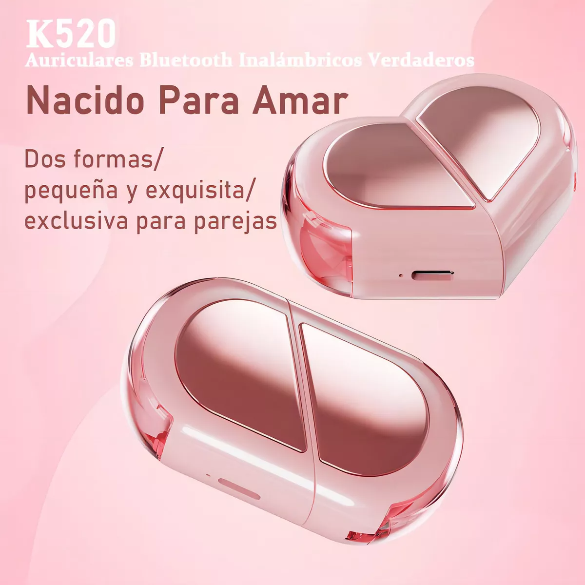 Audífonos Bmani K520 Auriculares Bluetooth Inalámbricos Con Forma De Corazón Dos Formas Talla Pequeña Mini Rosa