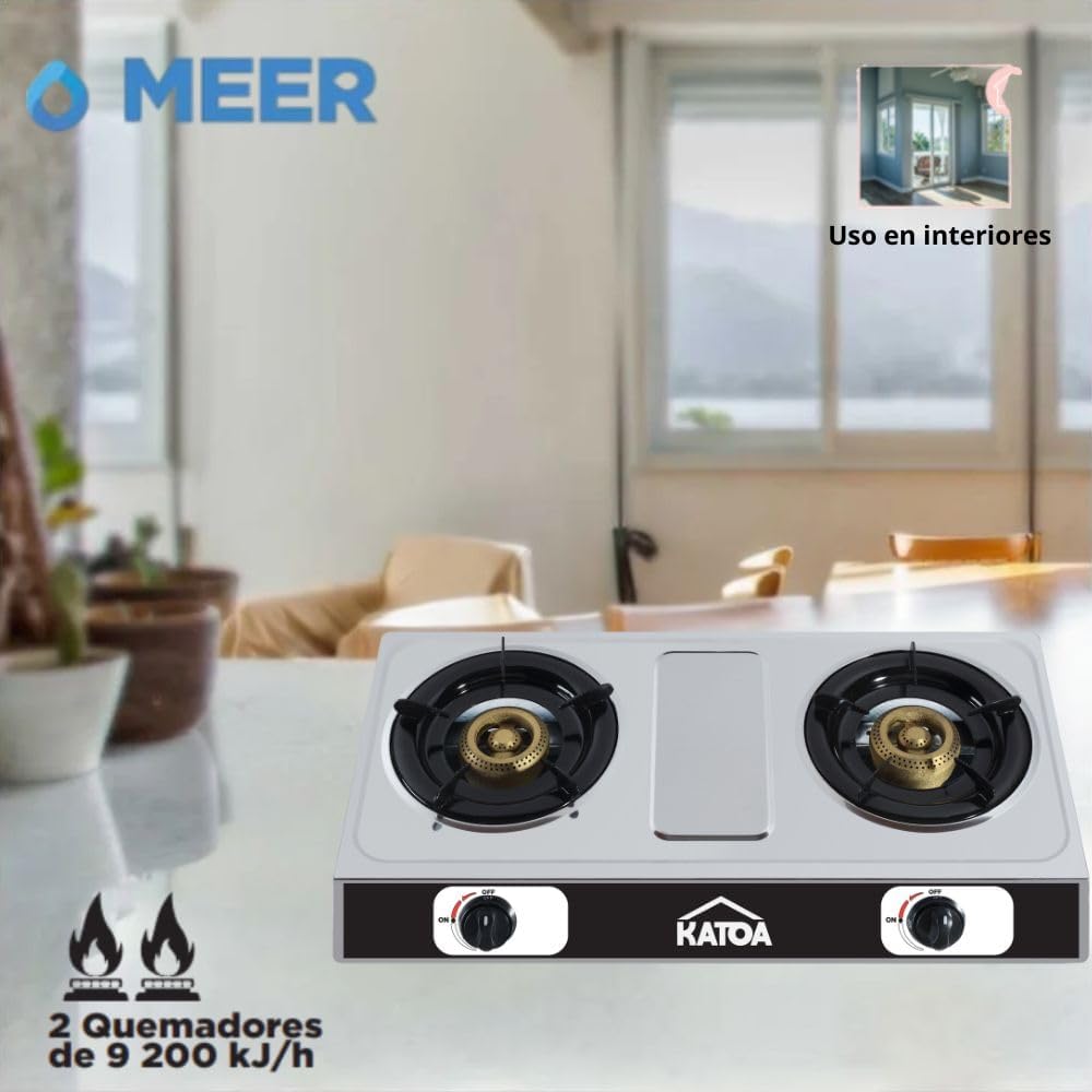 KATOA Estufa de Mesa en Acero Inoxidable, para Gas LP, con 2 Quemadores de Alta Eficiencia y Encendido Manual