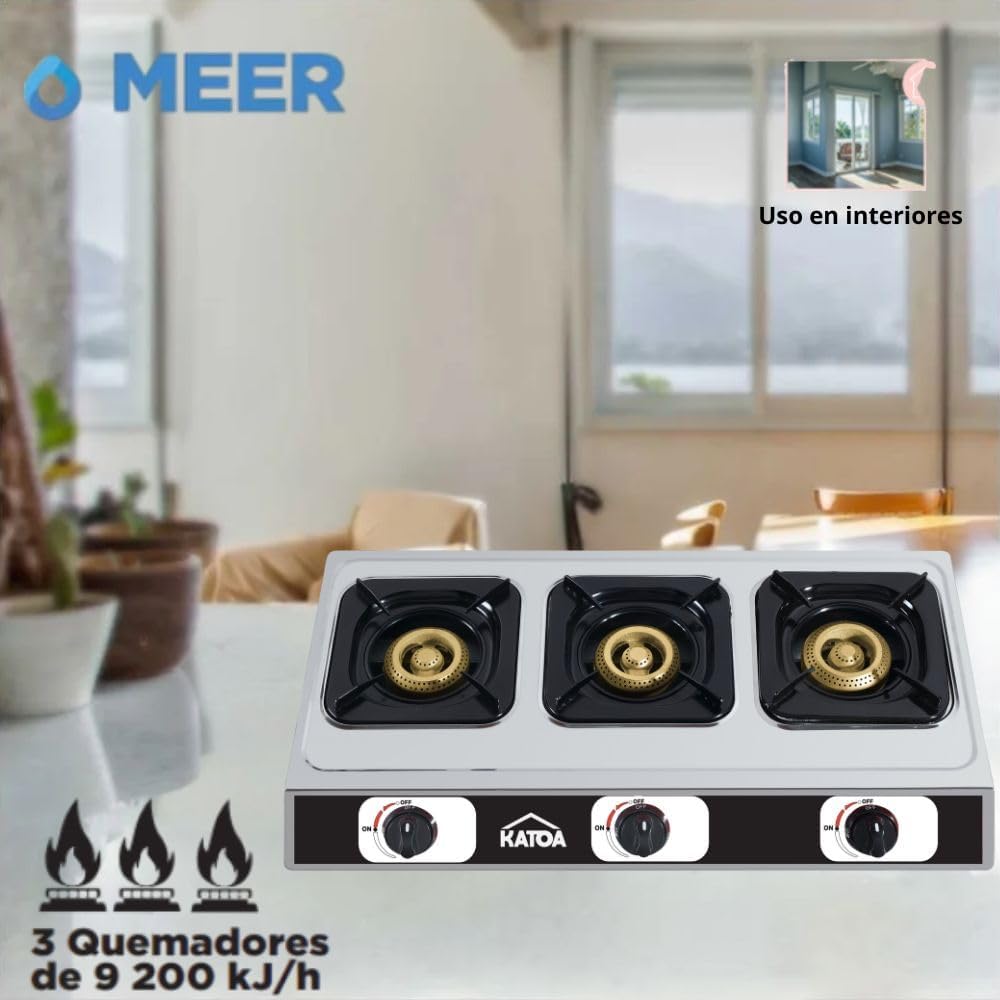 KATOA Estufa de Mesa en Acero Inoxidable, para Gas LP, con 2 Quemadores de Alta Eficiencia y Encendido Manual
