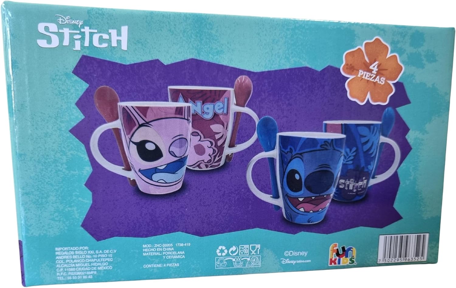  Stitch & Angel Set 2 Tazas Porcelana Pareja Azul  y Morado 310 ml con Caja de Regalo Novios Esposos San Valentin 