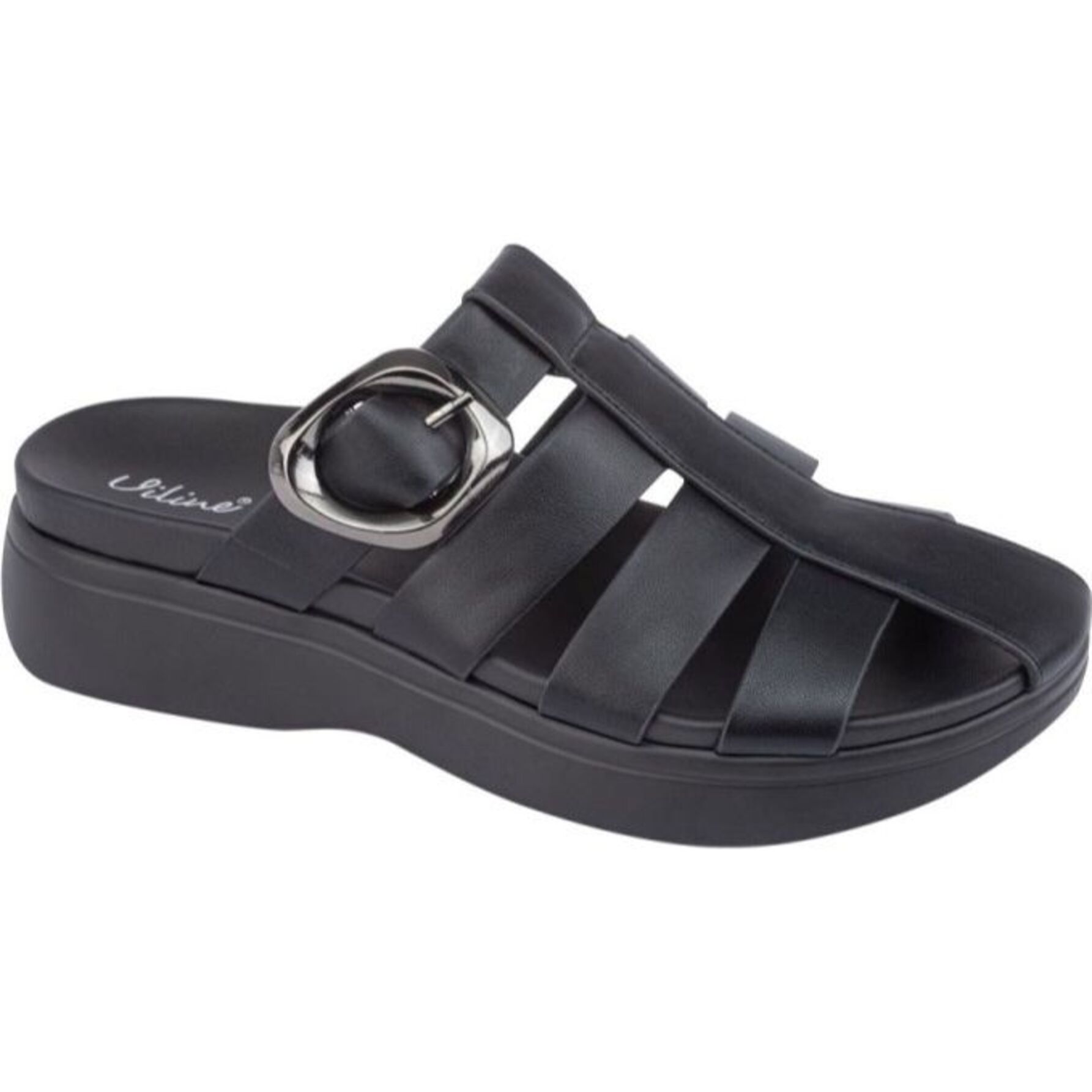 Sandalia para mujer, planas, estilo gladiador, con tacón bajo y acabado napa, tipo slip on, marca Vi Line, color negro, mod. 1192837