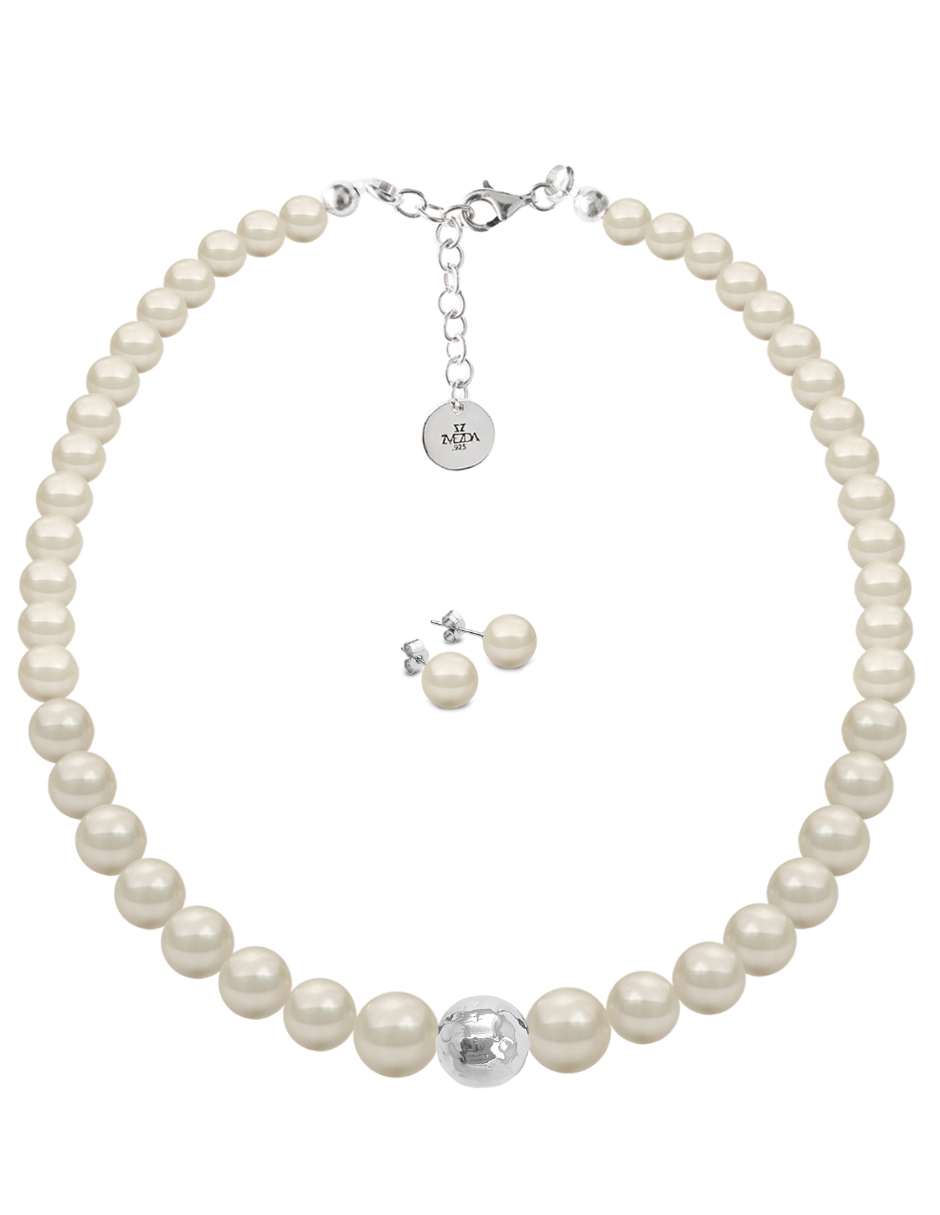 Collar y aretes de Perlas de cristal crema con plata, Joyería Zvezda 