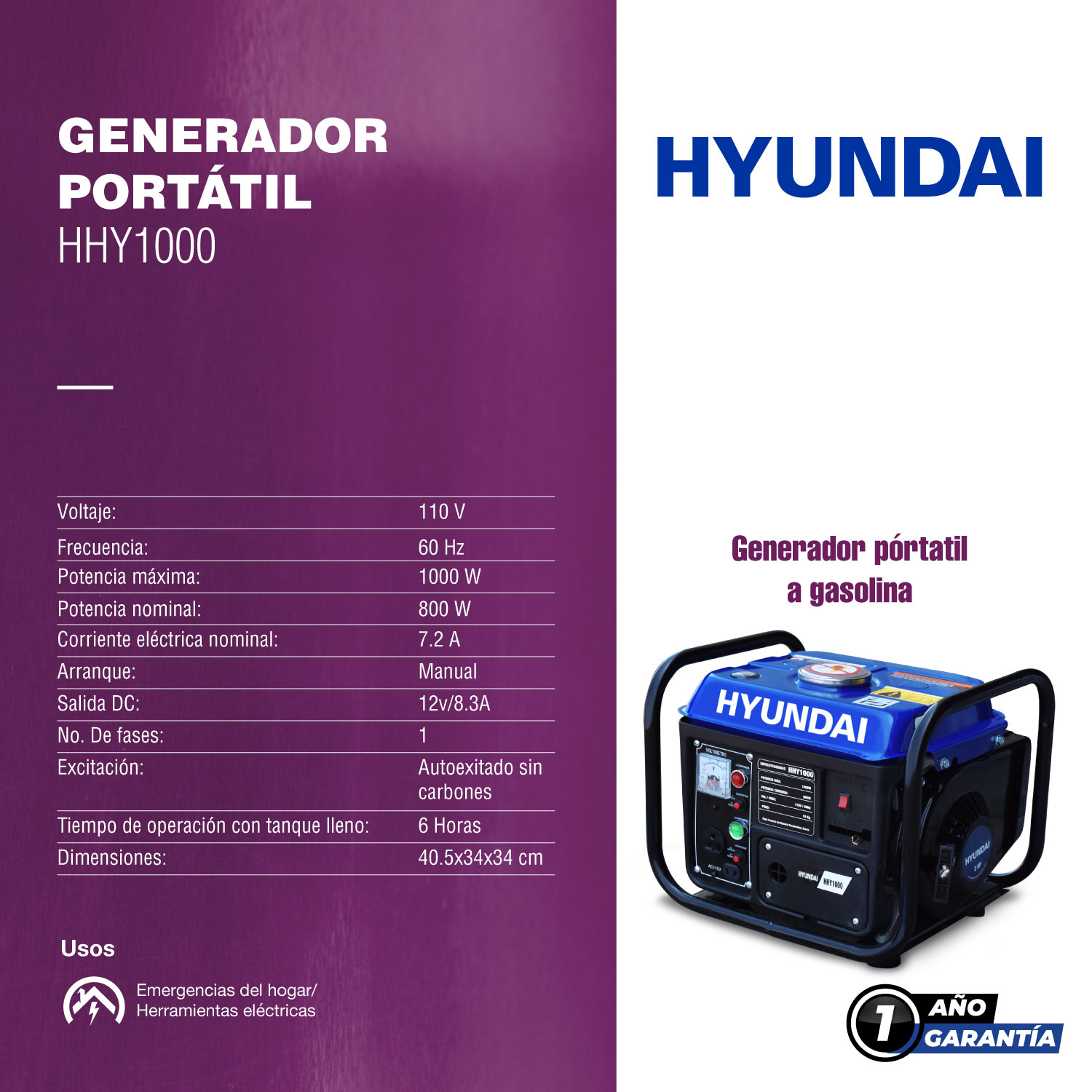 GENERADOR PORTÁTIL A GASOLINA HYUNDAI 800-1000W - HHY1000