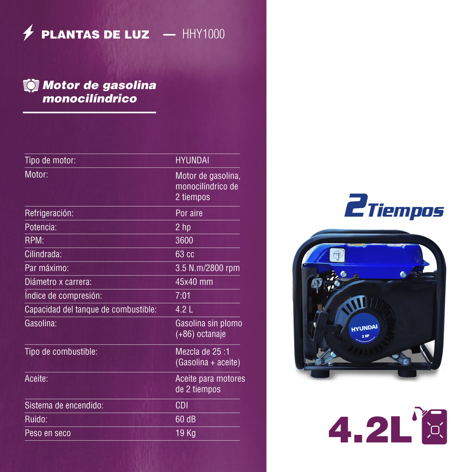 GENERADOR PORTÁTIL A GASOLINA HYUNDAI 800-1000W - HHY1000