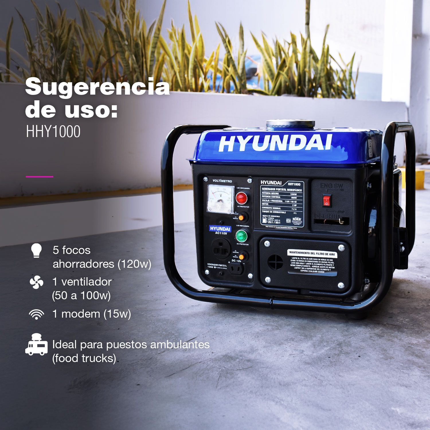 GENERADOR PORTÁTIL A GASOLINA HYUNDAI 800-1000W - HHY1000