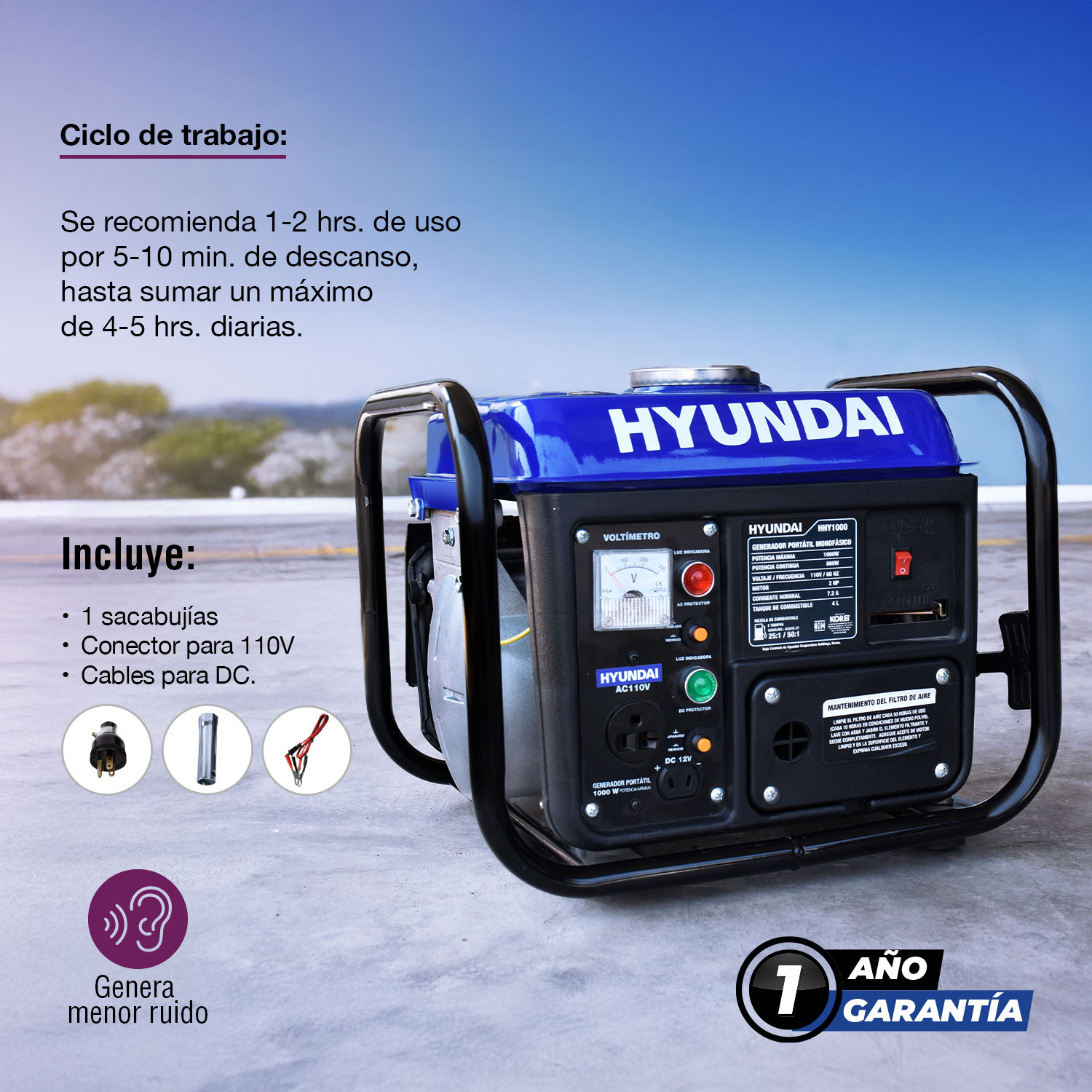 GENERADOR PORTÁTIL A GASOLINA HYUNDAI 800-1000W - HHY1000