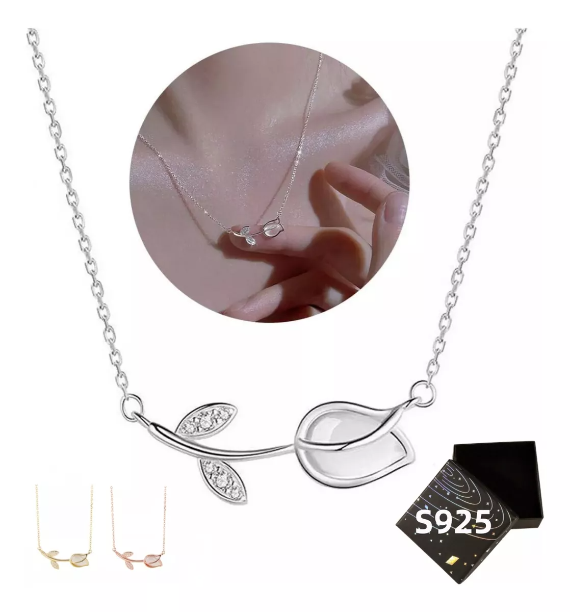 Collar De Tulipán En Plata 925 Dije Cristal P/ Mamá Y Novia.