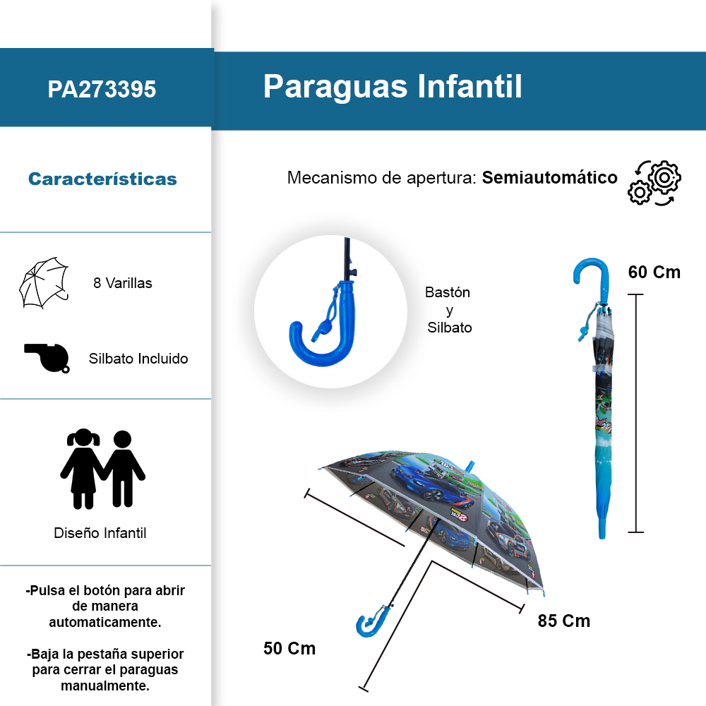 Paraguas Sombrilla Infantil Estampado Autos Y Silbato