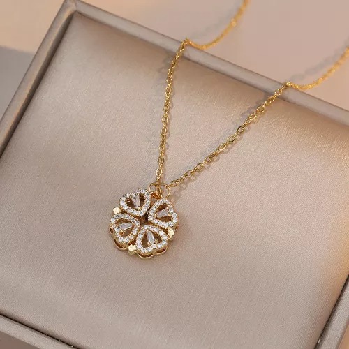 Collar Dije Trebol Corazones 4 Cuatro Hojas Para Mujer Corazon Chapado En Oro 18k