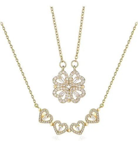Collar Dije Trebol Corazones 4 Cuatro Hojas Para Mujer Corazon Chapado En Oro 18k