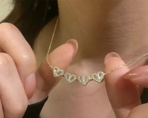 Collar Dije Trebol Corazones 4 Cuatro Hojas Para Mujer Corazon Chapado En Oro 18k