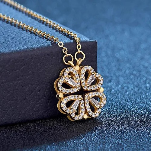 Collar Dije Trebol Corazones 4 Cuatro Hojas Para Mujer Corazon Chapado En Oro 18k