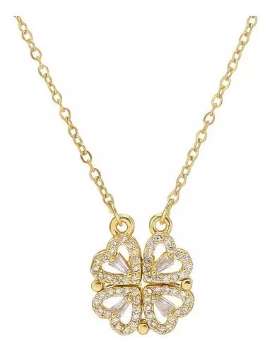 Collar Dije Trebol Corazones 4 Cuatro Hojas Para Mujer Corazon Chapado En Oro 18k