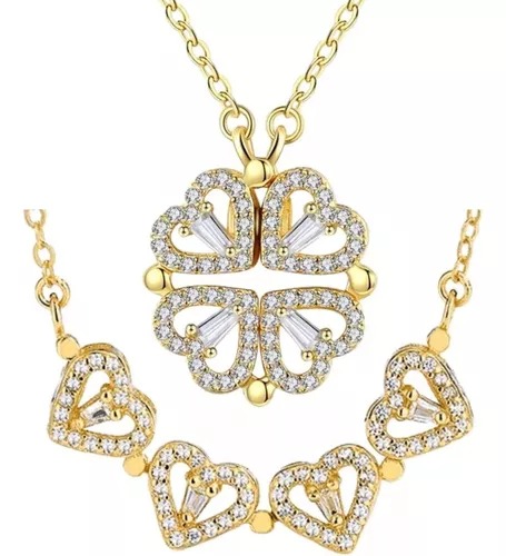 Collar Dije Trebol Corazones 4 Cuatro Hojas Para Mujer Corazon Chapado En Oro 18k