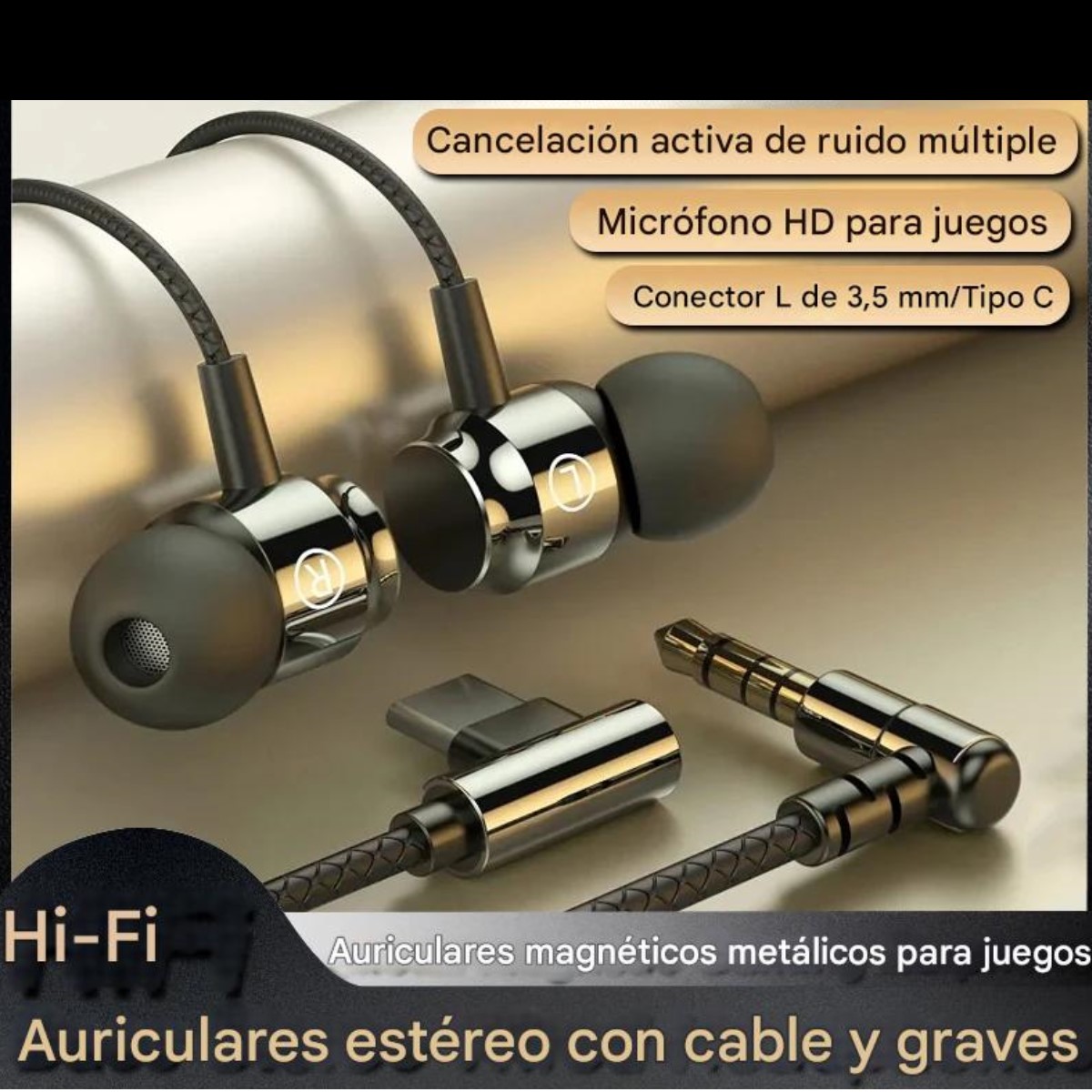 Audífonos manos libres magnéticos cable L juego Metal verde HiFi 3.5mm teléfono PC micrófono.