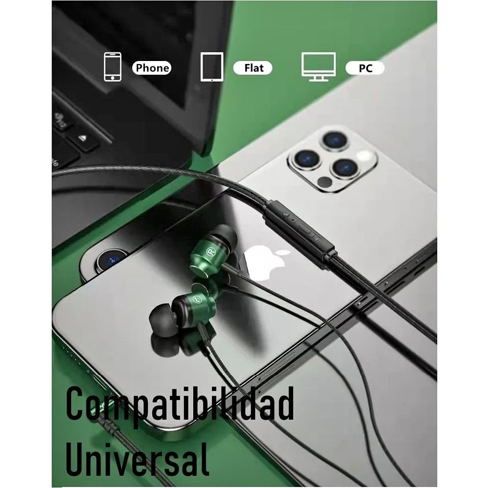 Audífonos manos libres magnéticos cable L juego Metal verde HiFi 3.5mm teléfono PC micrófono.