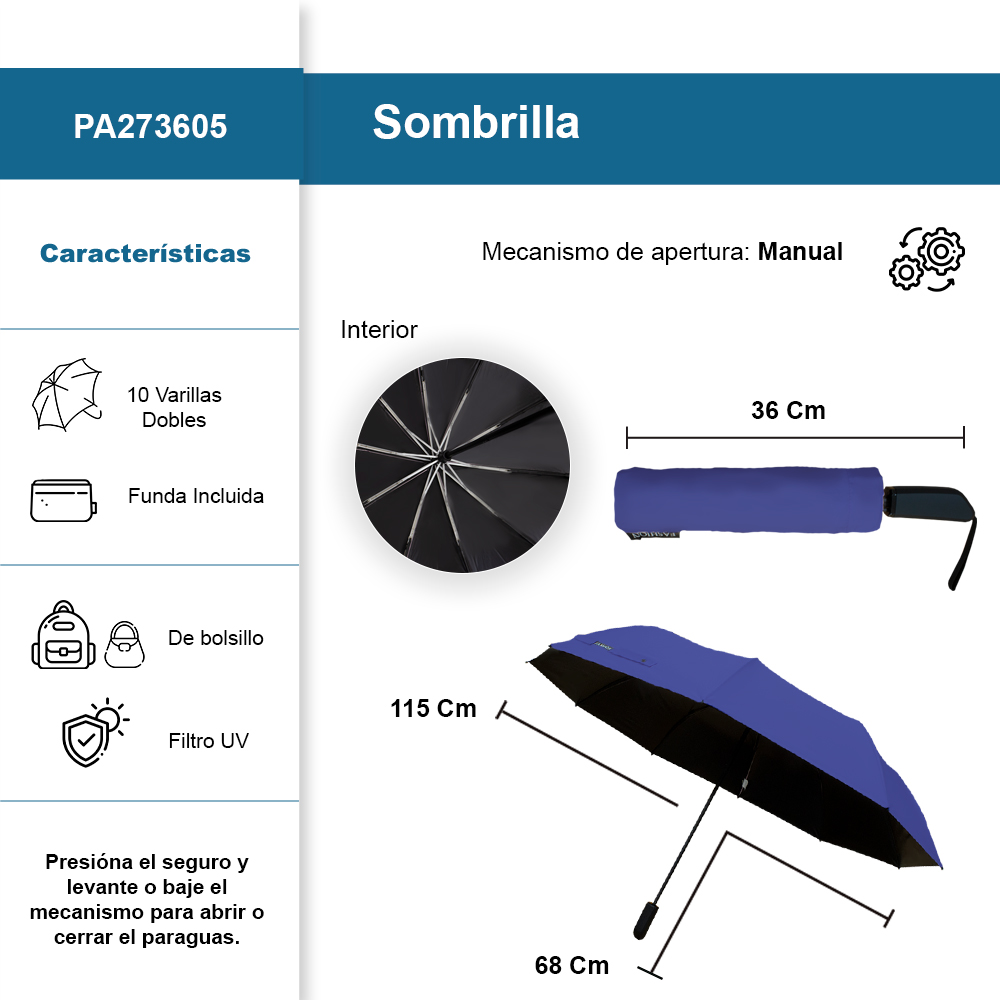 Paraguas de bolsillo Resistente a Vientos y Lluvias con 10 varillas.