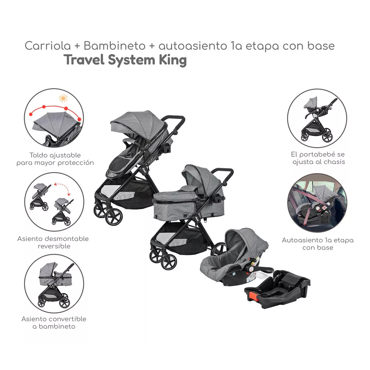 Carriola D Bebe Sistema De Viaje Travel System King Con Autoasiento 1a Etapa Gris
