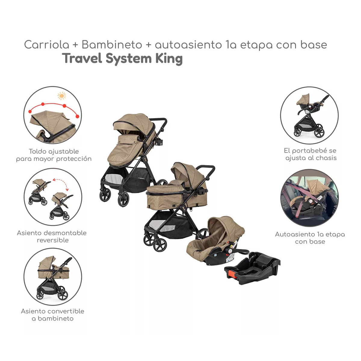 Carriola D Bebe Sistema De Viaje Travel System King Con Autoasiento 1a Etapa Beige